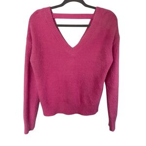Jessica Simpson Pink Fuzzy V-Neck Sweater Strap Back Eyelash Knit Small